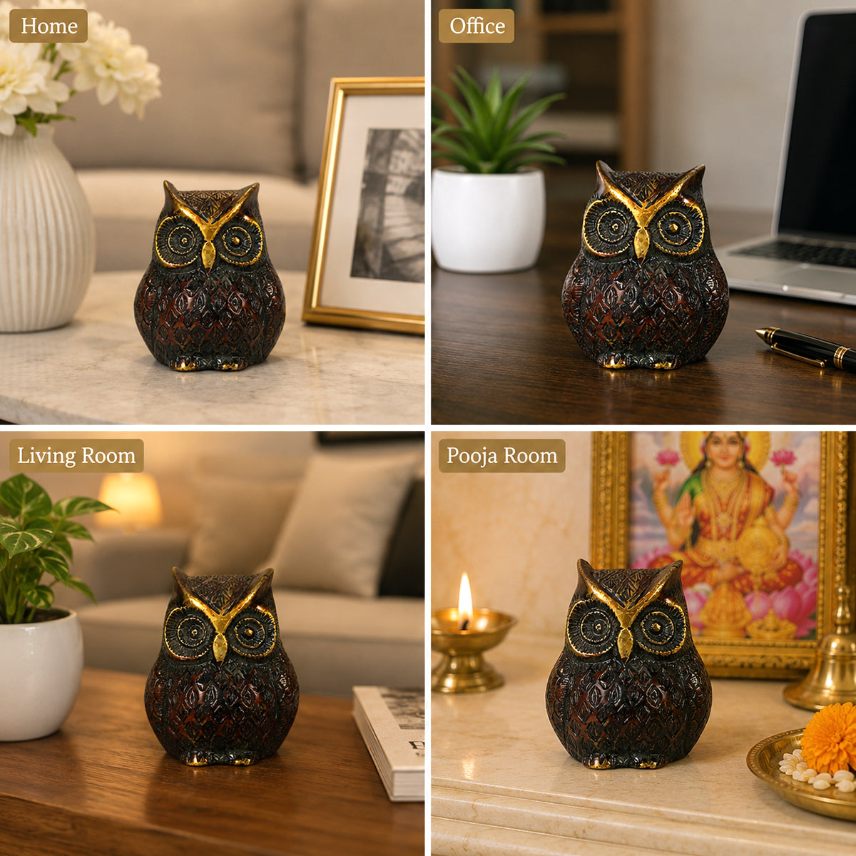 Brass Owl Statue for Vastu Remedy | 600 Gram Solid Brass Owl Idol for Wisdom, Protection & Positive Energy | Decorative Brass Owl Figurine for Home, Office & Study Table