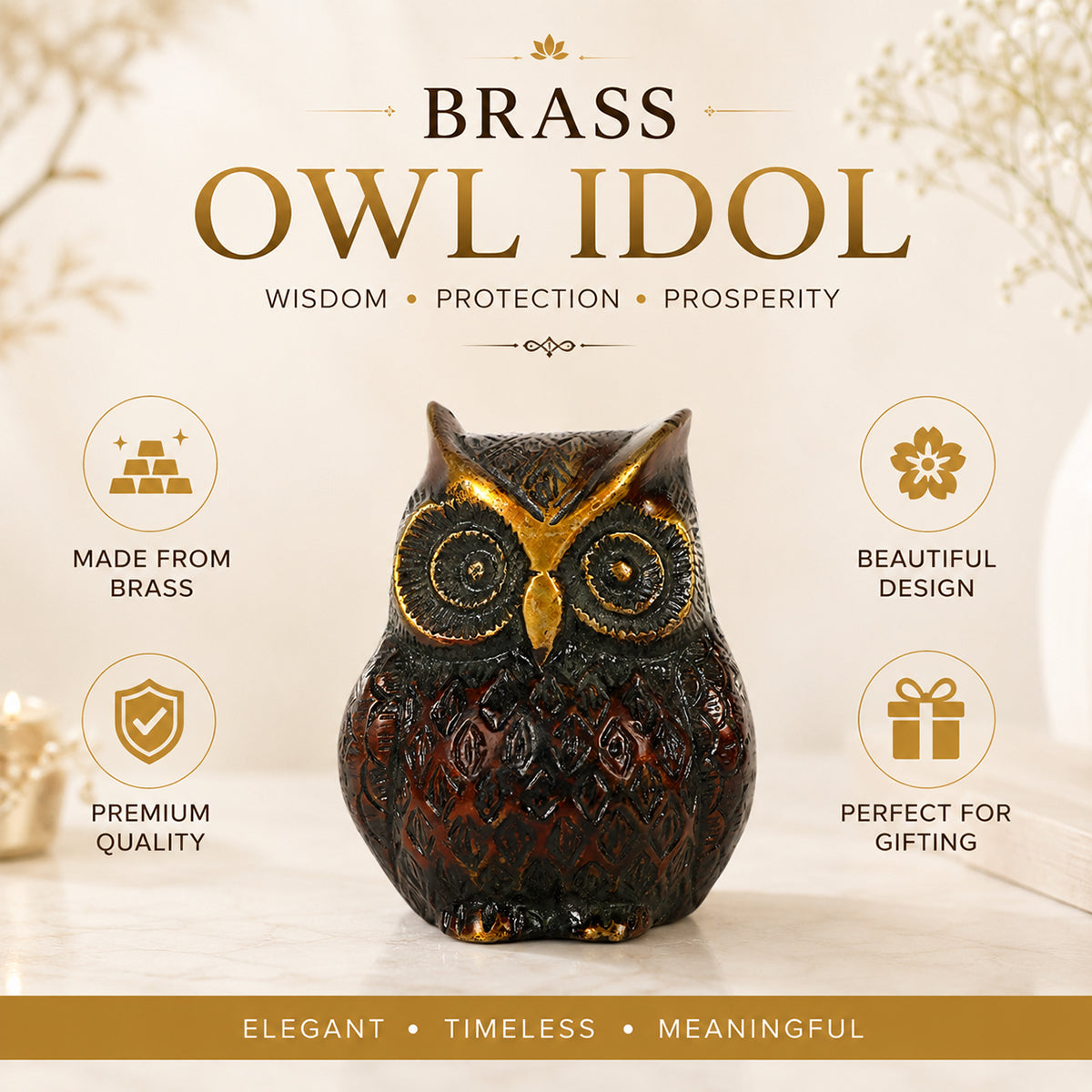 Brass Owl Statue for Vastu Remedy | 600 Gram Solid Brass Owl Idol for Wisdom, Protection & Positive Energy | Decorative Brass Owl Figurine for Home, Office & Study Table