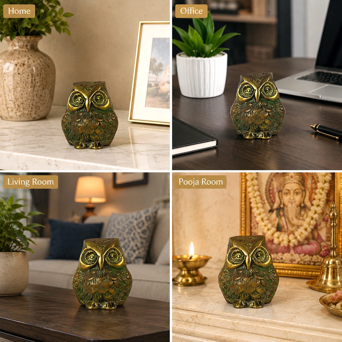 Brass Owl Statue for Vastu Remedy | 300 Gram Solid Brass Owl Idol for Wisdom, Protection & Positive Energy | Decorative Brass Owl Figurine for Home, Office & Study Table