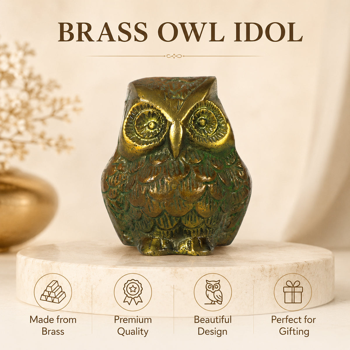 Brass Owl Statue for Vastu Remedy | 300 Gram Solid Brass Owl Idol for Wisdom, Protection & Positive Energy | Decorative Brass Owl Figurine for Home, Office & Study Table