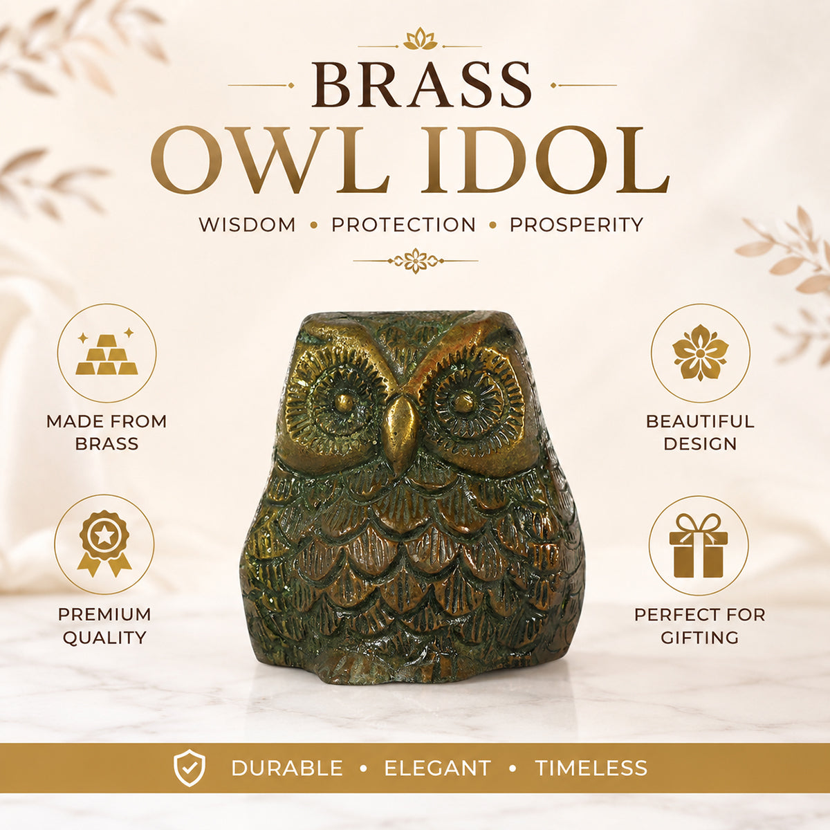 Brass Owl for Vastu Remedy | 150 Gram Solid Brass Owl Statue for Wisdom, Protection & Positive Energy | Decorative Brass Owl Idol for Home, Office & Study Table