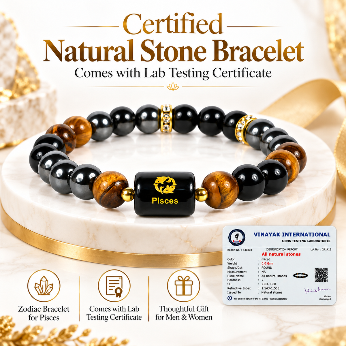 Certified Triple Protection Pisces Zodiac Bracelet 8 mm