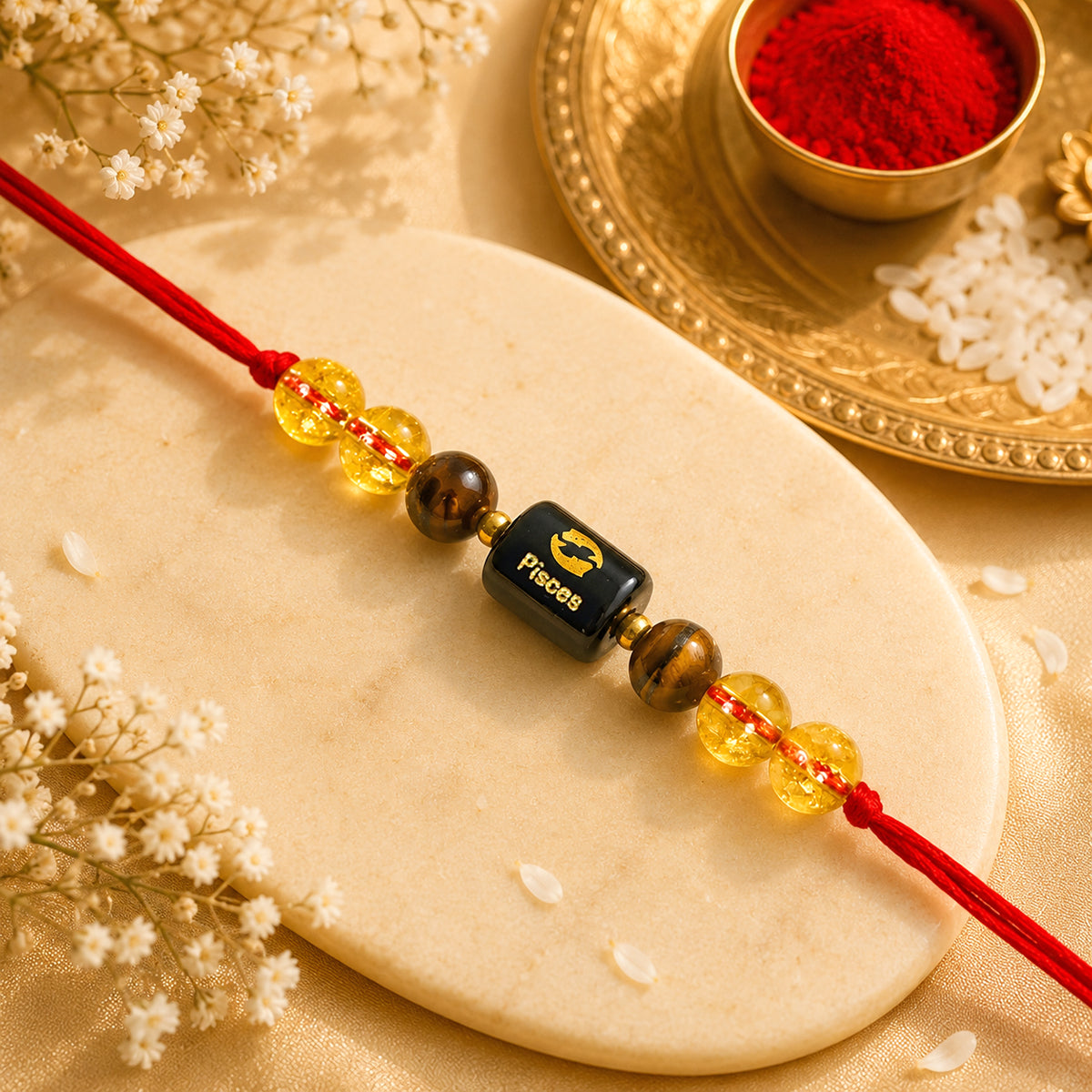 Pisces (मीन राशि) Zodiac Birth Sign Gemstone Rakhi | Natural Crystal Astrology Rakhi Bracelet | Adjustable Thread Raksha Bandhan Gift for Men & Women