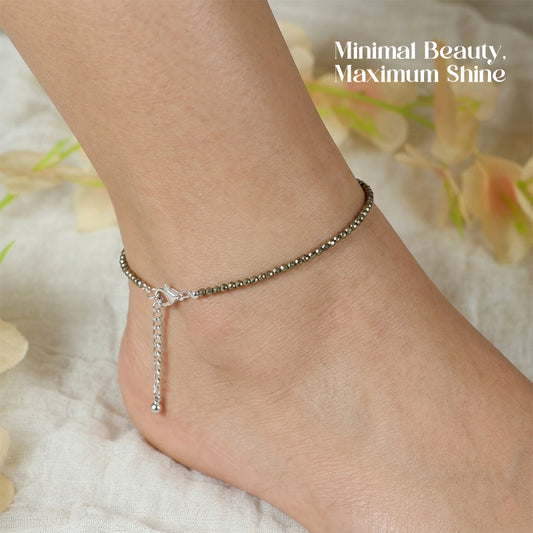 Natural Pyrite Crystal Beaded Anklet for Women | Adjustable Gemstone Anklet