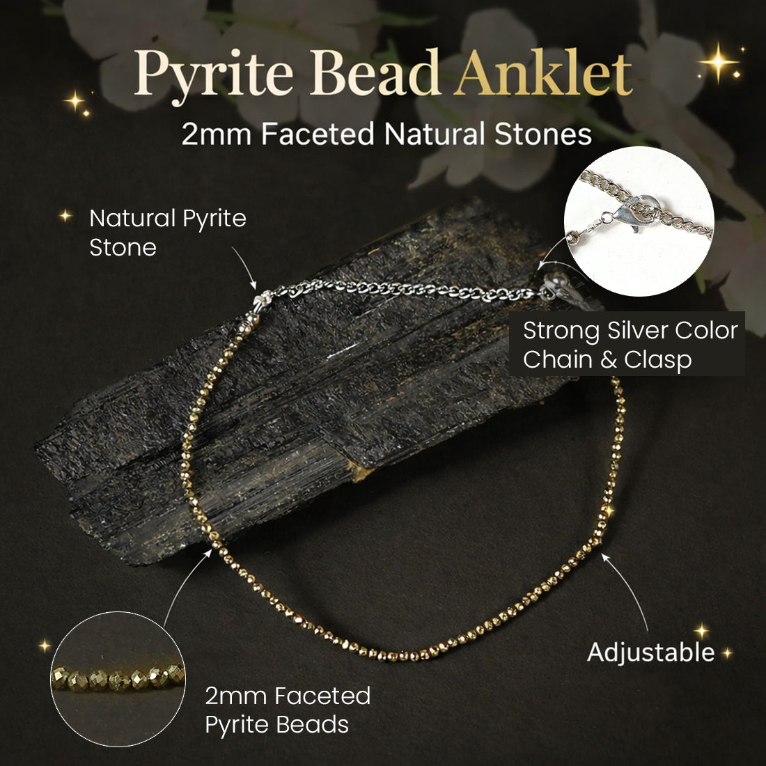 Natural Pyrite Crystal Beaded Anklet for Women | Adjustable Gemstone Anklet