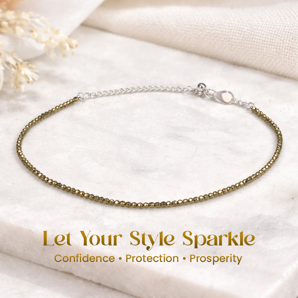 Natural Pyrite Anklet with Dhan Yog Bracelet 8 mm Combo | Crystal Jewelry Set for Wealth, Confidence & Daily Wear