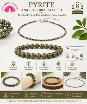 Natural Pyrite Anklet with 8 mm Round Bead Pyrite Bracelet Set for Wealth, Prosperity, Confidence, Success & Positive Energy | Crystal Jewellery Set
