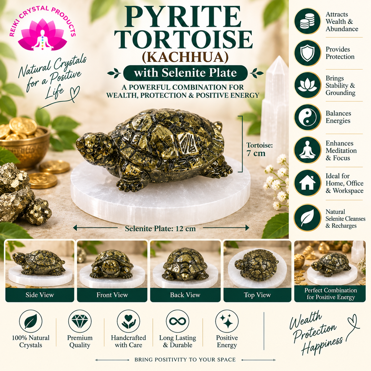 Pyrite Tortoise with Natural Selenite Plate 7 cm