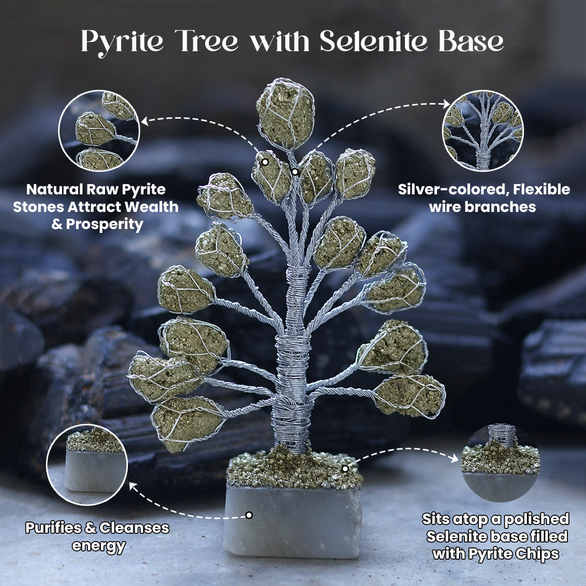 Pyrite Crystal Money Tree on Selenite Base Feng Shui Decoration