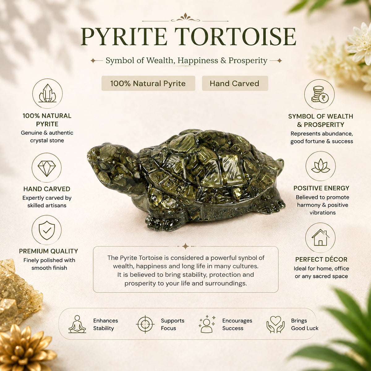 Pyrite Tortoise (Kachhua) | Natural Crystal Turtle for Good Luck & Wealth | Vastu Decorative Showpiece | North & North-East Direction Placement | Home, Office & Living Room | 7 cm (2.7 × 1 Inch)