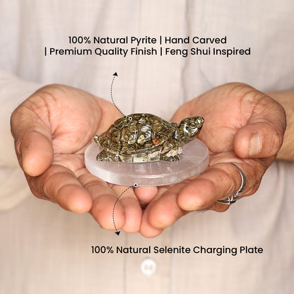 Pyrite Tortoise (Kachhua) with Selenite Plate | Natural Crystal Turtle for Good Luck & Wealth | Vastu Decorative Showpiece | North & North-East Direction Placement | Home, Office & Living Room | 7 cm (2.7 × 1 Inch)