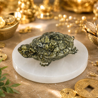 Pyrite Tortoise (Kachhua) with Selenite Plate | Natural Crystal Turtle for Good Luck & Wealth | Vastu Decorative Showpiece | North & North-East Direction Placement | Home, Office & Living Room | 7 cm (2.7 × 1 Inch)