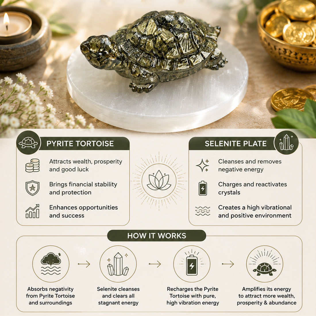Pyrite Tortoise (Kachhua) with Selenite Plate | Natural Crystal Turtle for Good Luck & Wealth | Vastu Decorative Showpiece | North & North-East Direction Placement | Home, Office & Living Room | 7 cm (2.7 × 1 Inch)