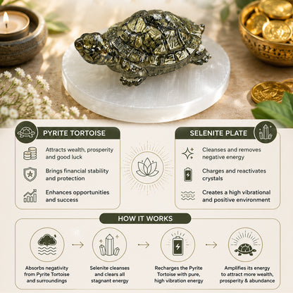 Pyrite Tortoise (Kachhua) with Selenite Plate | Natural Crystal Turtle for Good Luck & Wealth | Vastu Decorative Showpiece | North & North-East Direction Placement | Home, Office & Living Room | 7 cm (2.7 × 1 Inch)