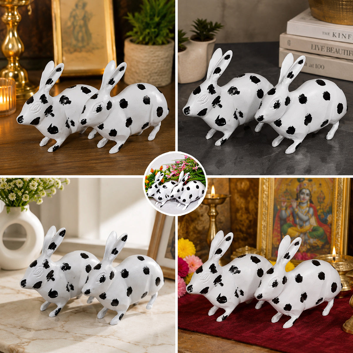 Brass Rabbit Pair Black & White Decorative Showpiece | Vastu & Feng Shui Symbol for Peace, Positivity and Good Fortune | 1.2 kg