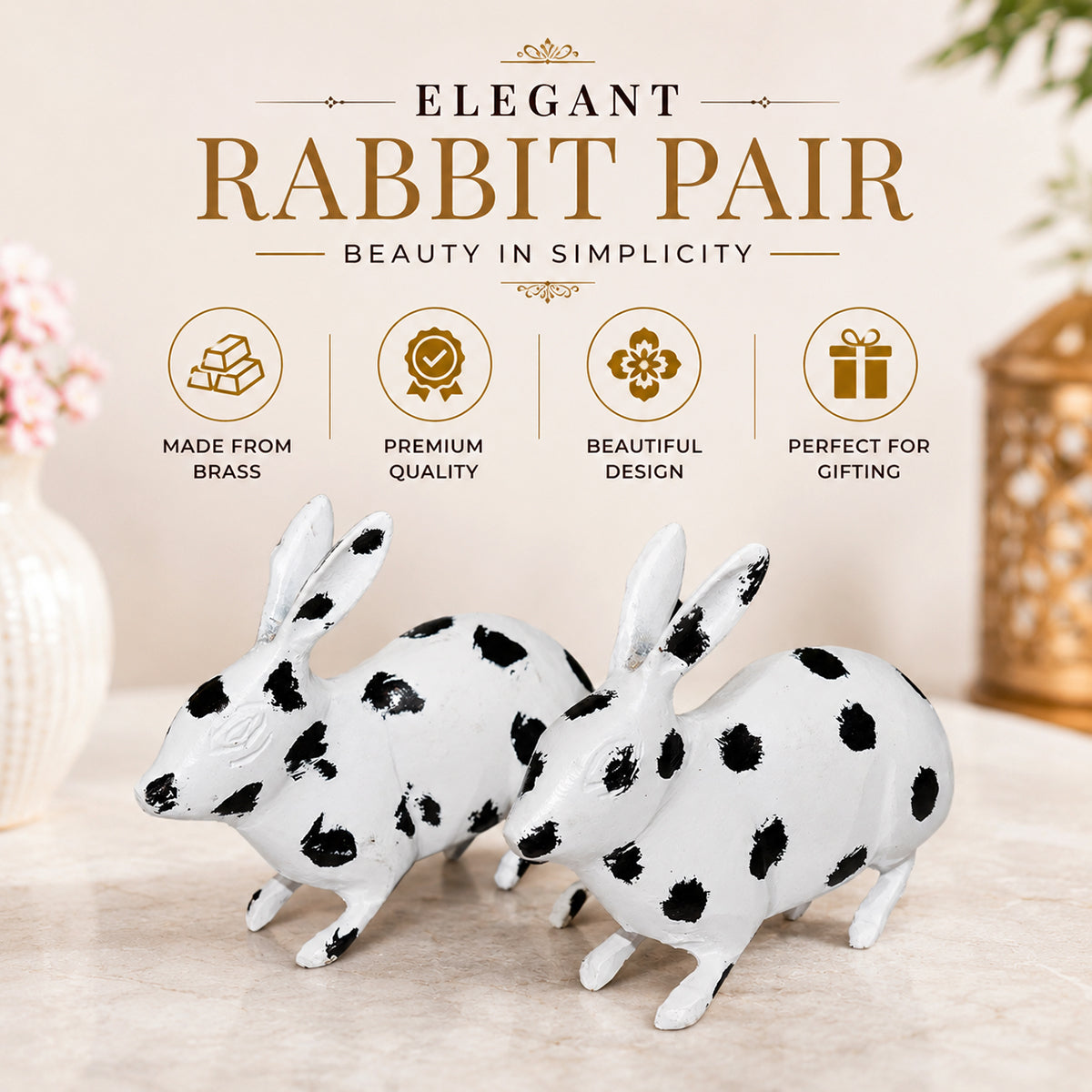 Brass Rabbit Pair Black & White Decorative Showpiece | Vastu & Feng Shui Symbol for Peace, Positivity and Good Fortune | 1.2 kg