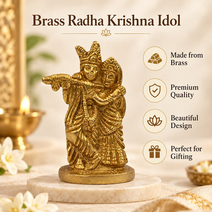 Standing Brass Lord Radha Krishna Idol for Home Decor & Pooja Room | Premium Brass Radha Krishna Statue for Temple, Spiritual Décor & Gifting | Height 6.5 cm | Weight 125 Gram
