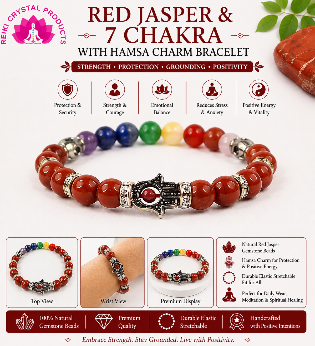 Natural Red Jasper & 7 Chakra with Hamsa Charm Bracelet