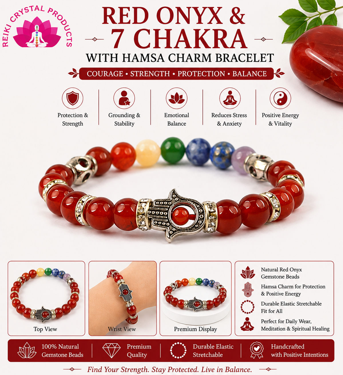 Natural Red Onyx & 7 Chakra with Hamsa Charm Bracelet