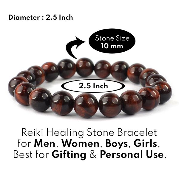 Red Tiger Eye 10mm Round Bead Bracelet for Confidence, Courage, Protection & Motivation | Reiki Charged Gemstone Bracelet for Men & Women