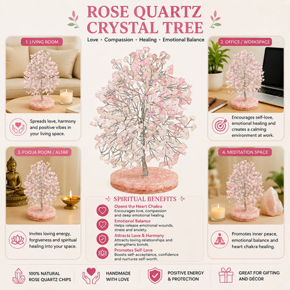 Natural Rose Quartz Crystal Tree with Natural Rose Quartz Chip Stone Base | Reiki Charged Love, Harmony & Positive Energy | Home & Office Décor | Vastu & Feng Shui