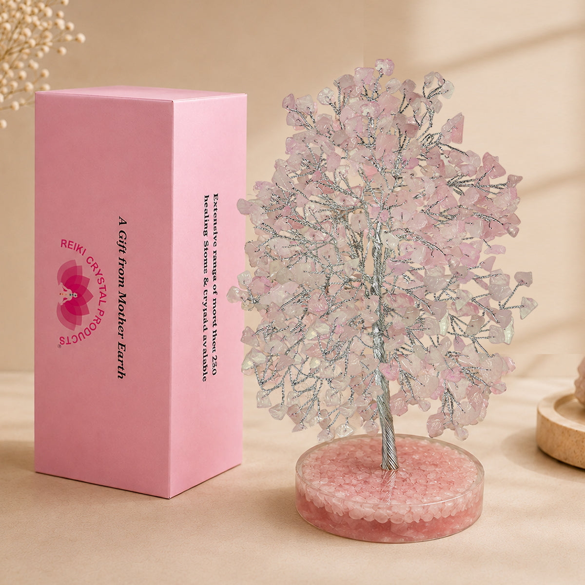 Natural Rose Quartz Crystal Tree with Natural Rose Quartz Chip Stone Base | Reiki Charged Love, Harmony & Positive Energy | Home & Office Décor | Vastu & Feng Shui