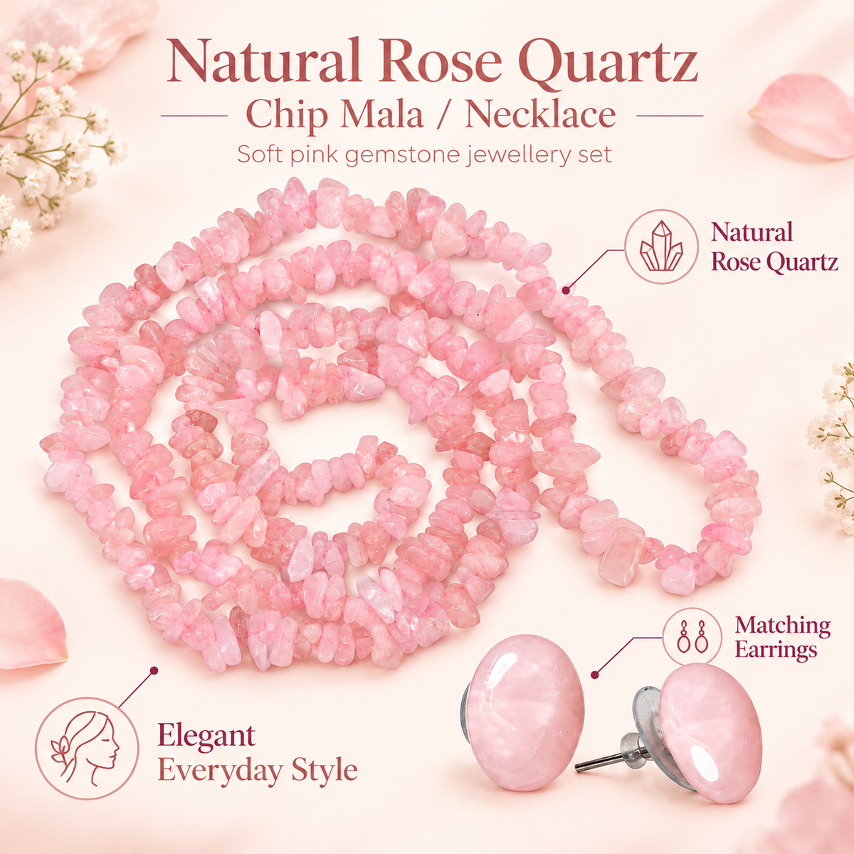 Rose Quartz Chip Necklace Mala with Earrings
