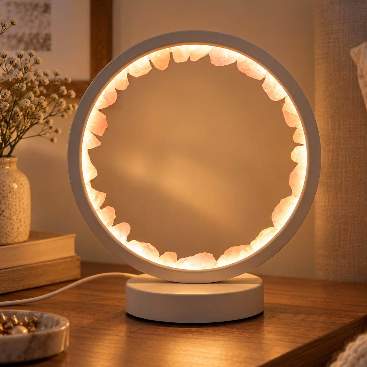 Rose Quartz Crystal LED Lamp with Raw Pink Stones