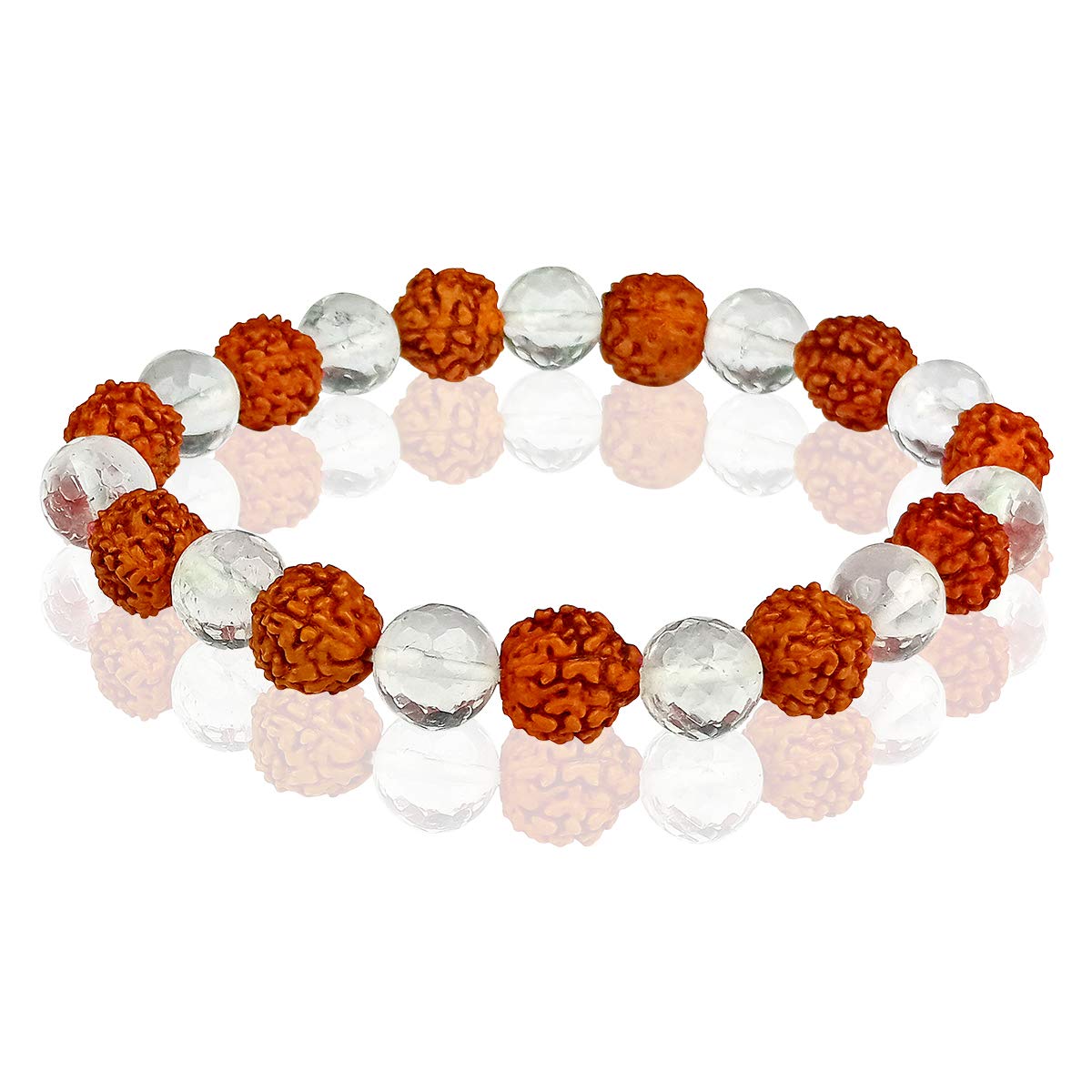 Rudraksha with Clear Quartz (Sphatik) 8 mm Faceted Bead Bracelet for Peace, Protection, Spiritual Growth & Positive Energy