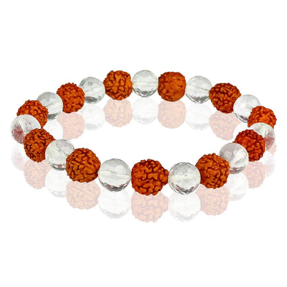 Rudraksha with Clear Quartz (Sphatik) 8 mm Faceted Bead Bracelet for Peace, Protection, Spiritual Growth & Positive Energy