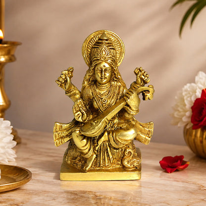Brass Saraswati Idol for Vastu Remedy 10.1 cm (4 Inch) | Pure Brass Goddess Saraswati Statue for Home, Office, Temple & Study Room | Decorative Brass Murti for Wisdom, Knowledge, Learning & Spiritual Décor