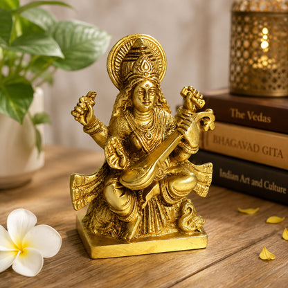 Brass Saraswati Idol for Vastu Remedy 10.1 cm (4 Inch) | Pure Brass Goddess Saraswati Statue for Home, Office, Temple & Study Room | Decorative Brass Murti for Wisdom, Knowledge, Learning & Spiritual Décor