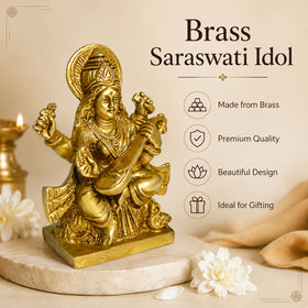Brass Saraswati Idol for Vastu Remedy 10.1 cm (4 Inch) | Pure Brass Goddess Saraswati Statue for Home, Office, Temple & Study Room | Decorative Brass Murti for Wisdom, Knowledge, Learning & Spiritual Décor