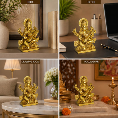 Brass Saraswati Idol for Vastu Remedy 10.1 cm (4 Inch) | Pure Brass Goddess Saraswati Statue for Home, Office, Temple & Study Room | Decorative Brass Murti for Wisdom, Knowledge, Learning & Spiritual Décor