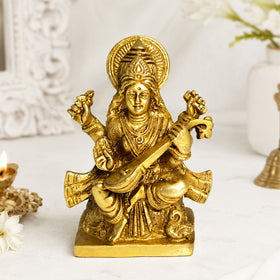 Brass Saraswati Idol for Vastu Remedy 10.1 cm (4 Inch) | Pure Brass Goddess Saraswati Statue for Home, Office, Temple & Study Room | Decorative Brass Murti for Wisdom, Knowledge, Learning & Spiritual Décor
