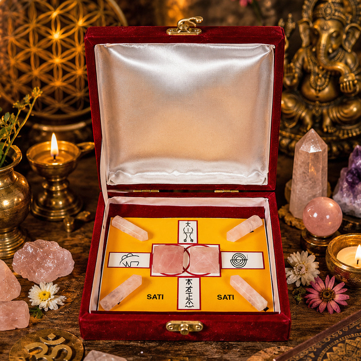 Sati Crystal Grid Box with 4 Rose Quartz Pencils & 2 Rose Quartz Pyramids for Positive Energy, Emotional Balance & Inner Strength | Reiki Charged Healing Crystal Kit