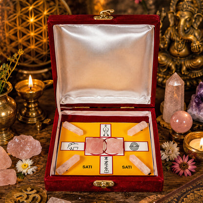 Sati Crystal Grid Box with 4 Rose Quartz Pencils & 2 Rose Quartz Pyramids for Positive Energy, Emotional Balance & Inner Strength | Reiki Charged Healing Crystal Kit