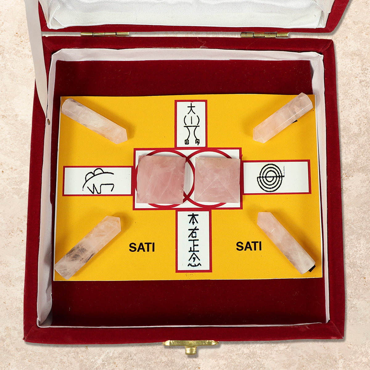 Sati Crystal Grid Box with 4 Rose Quartz Pencils & 2 Rose Quartz Pyramids for Positive Energy, Emotional Balance & Inner Strength | Reiki Charged Healing Crystal Kit