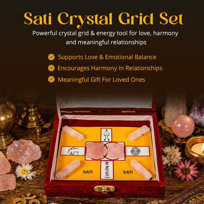 Sati Crystal Grid Box with 4 Rose Quartz Pencils & 2 Rose Quartz Pyramids for Positive Energy, Emotional Balance & Inner Strength | Reiki Charged Healing Crystal Kit