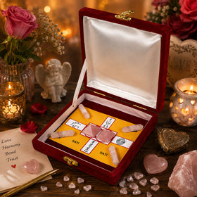 Sati Crystal Grid Box with 4 Rose Quartz Pencils & 2 Rose Quartz Pyramids for Positive Energy, Emotional Balance & Inner Strength | Reiki Charged Healing Crystal Kit