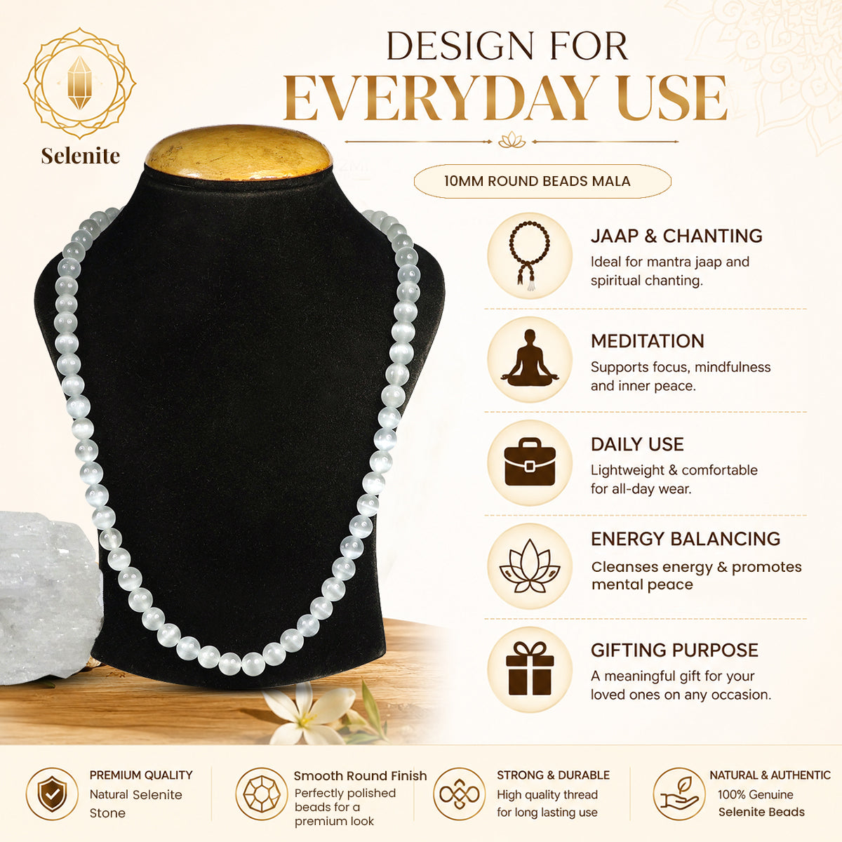 Selenite Crystal Mala | Natural Healing Gemstone Necklace for Clarity & Spiritual Cleansing