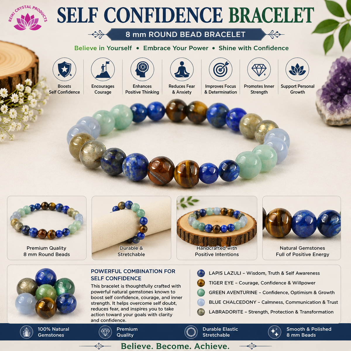 Energized AAA Natural Stone Bracelet 8mm – Custom Purpose Crystal Beads Bracelet for Wealth, Education, Confidence, Relationship, Will Power, Protection & Abundance Energy