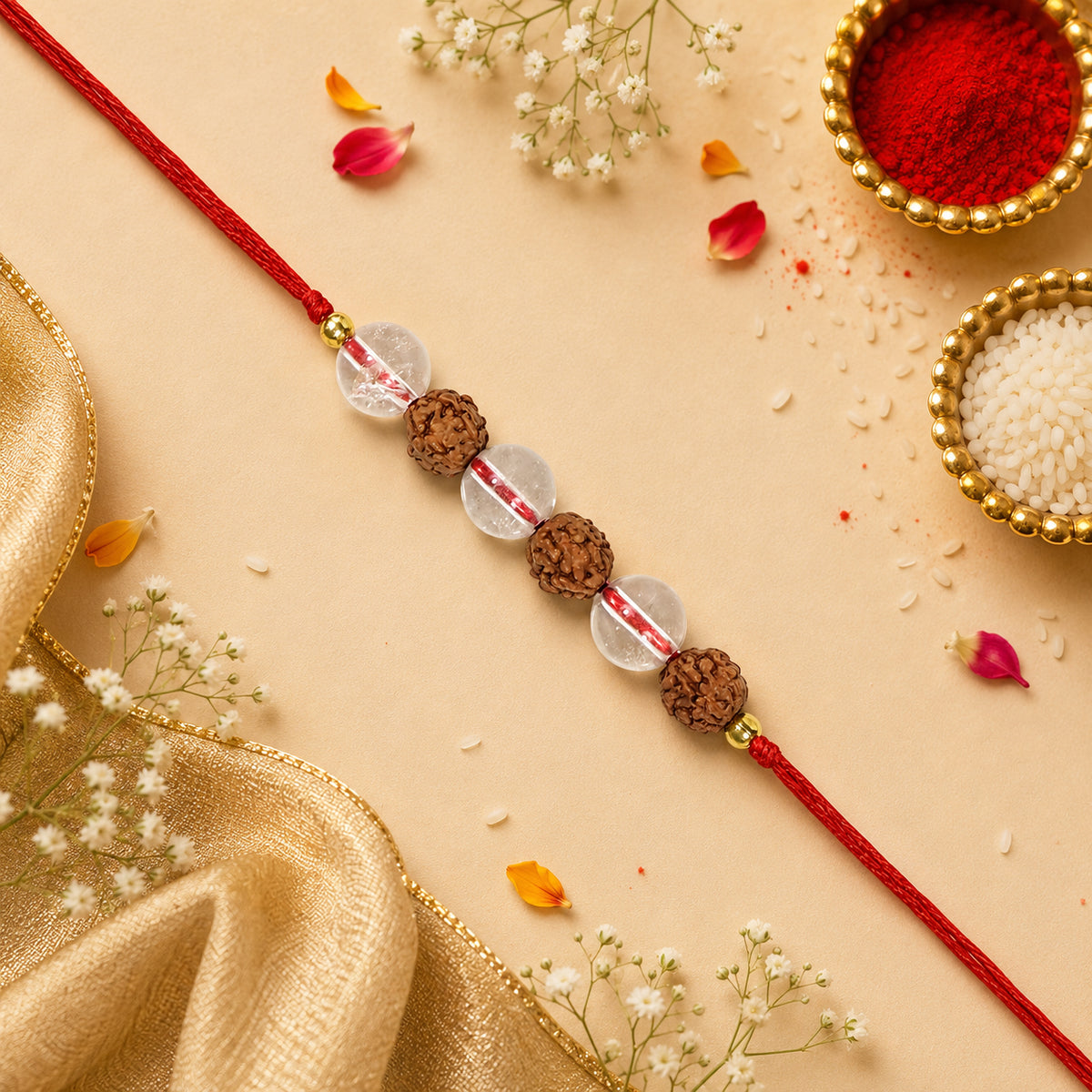 Shiv Shakti Band / Bracelet | Natural Clear Quartz & 5 Mukhi Rudraksha Crystal Stone Bracelet for Men & Women | Spiritual Protection, Peace, Mental Clarity & Positive Energy