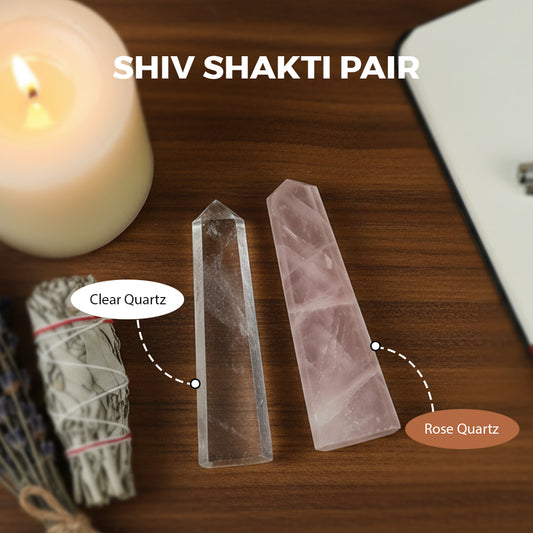 Energised Shiv Shakti Natural Pencils Tower Pair Clear and Rose Quartz - Set of 2
