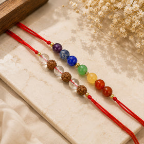 Shiv Shakti Rakhi Combo Set of 2 | Natural Clear Quartz & 5 Mukhi Rudraksha Crystal Stone Rakhi with 7 Chakra Crystal Rakhi | Reiki Charged Handmade Raksha Bandhan Rakhi for Men & Women | Spiritual Protection, Peace & Positive Energy