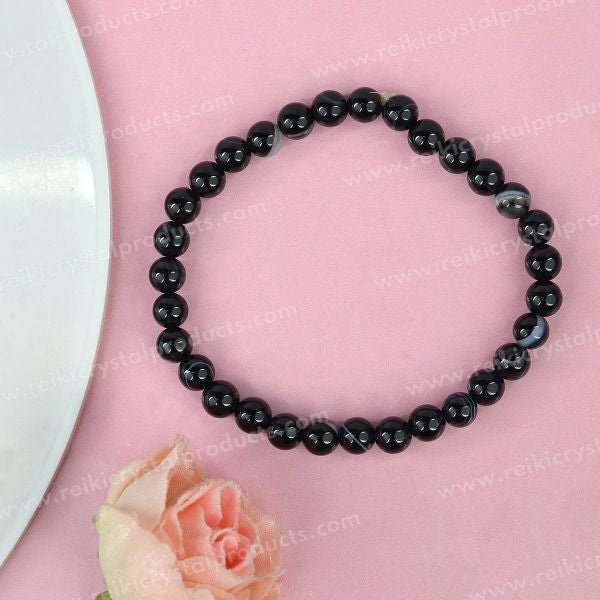 Sulemani Hakik (Black Botswana Agate) 6 mm Round Bead Bracelet for Protection, Strength, Stability & Positive Energy