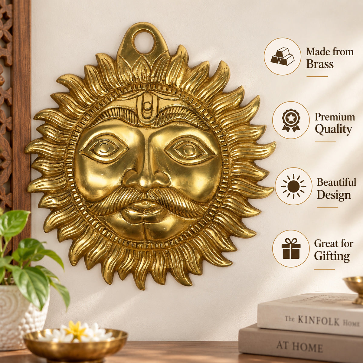 Brass Sun Wall Hanging 20 cm | Vastu Decor for Home, Office, Positive Energy, Health & Prosperity | Heavy Brass Sun Face Wall Art