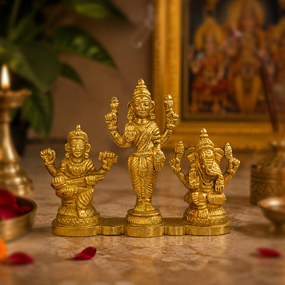Brass Laxmi Ganesh Saraswati Idol God Murti for Home Temple, Pooja Room & Spiritual Decor | Premium Brass Lakshmi Ganesh Saraswati Statue for Diwali Puja, Office Desk & Gifting | Height 8 cm | Weight 265 Gram