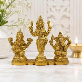 Brass Laxmi Ganesh Saraswati Idol God Murti for Home Temple, Pooja Room & Spiritual Decor | Premium Brass Lakshmi Ganesh Saraswati Statue for Diwali Puja, Office Desk & Gifting | Height 8 cm | Weight 265 Gram