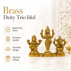 Brass Laxmi Ganesh Saraswati Idol God Murti for Home Temple, Pooja Room & Spiritual Decor | Premium Brass Lakshmi Ganesh Saraswati Statue for Diwali Puja, Office Desk & Gifting | Height 8 cm | Weight 265 Gram